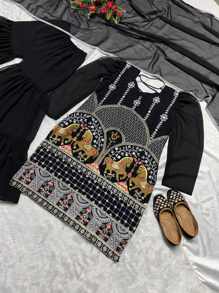 Black Georgette With multi needle Work Embroidery Work Sharara suit set