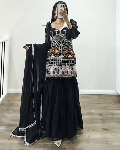 Black Georgette With multi needle Work Embroidery Work Sharara suit set