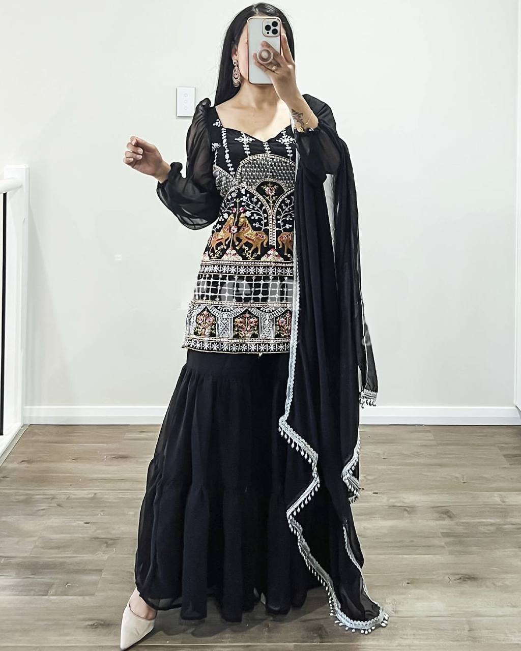 Black Georgette With multi needle Work Embroidery Work Sharara suit set