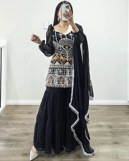 Black Georgette With multi needle Work Embroidery Work Sharara suit set