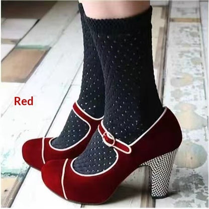 Womens Retro Round-Toe Low-Heel Pumps With Ankle Strap Buckle