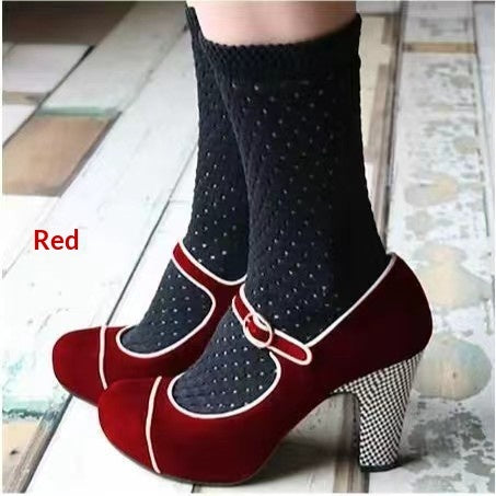 Womens Retro Round-Toe Low-Heel Pumps With Ankle Strap Buckle