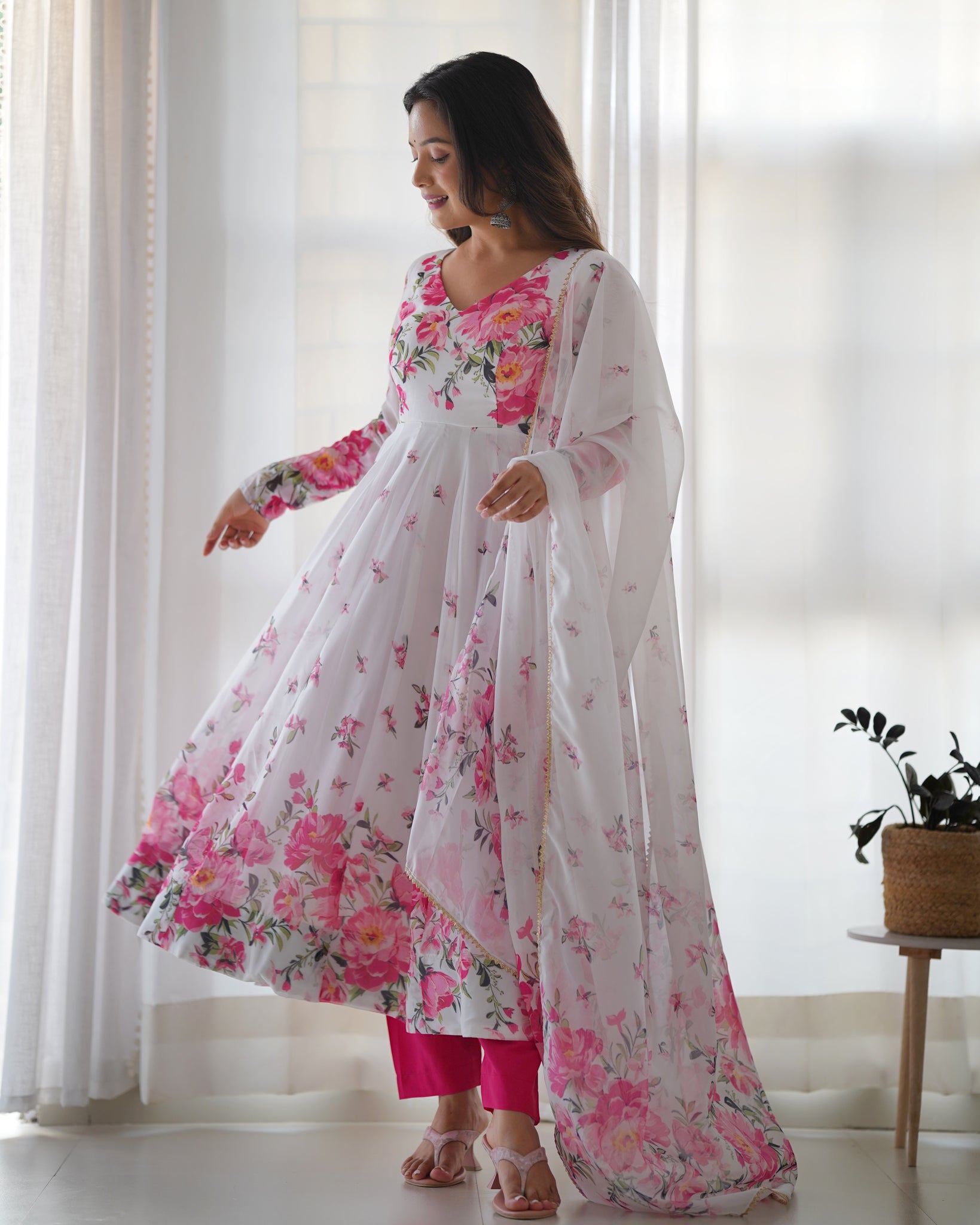 Flower Print Organza silk Anarkali Gown