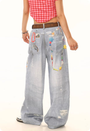 American-style Washed Chain Print Loose-fitting Jeans For Women