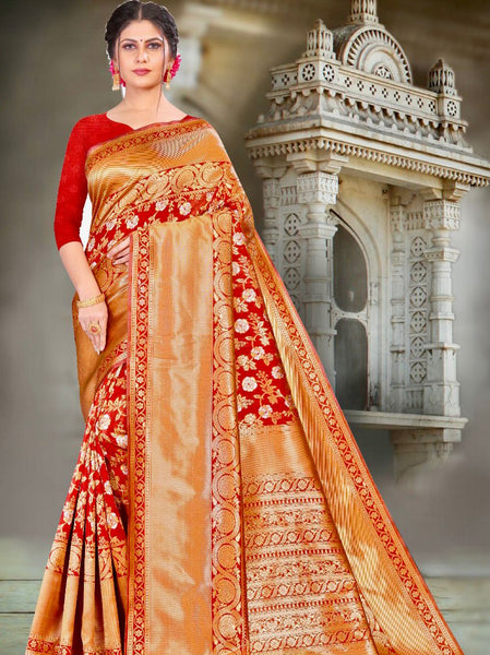 Red Kanjivaram Lichi Silk Saree with blouse