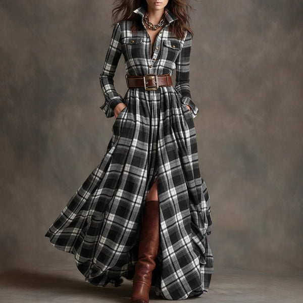 Ins Plaid Print Long-Sleeved Dress Fashion Pockets Collared Buttons Shirt Long Dresses Retro Women's Clothing