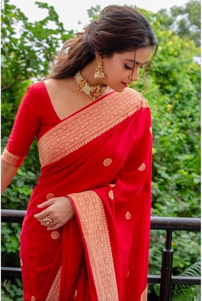 Red color soft lichi silk saree with blouse