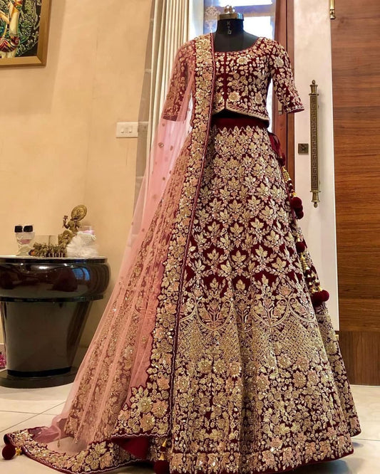 Bridal Stunning Looking Maroon Embroidered Work Velvet Lehenga
