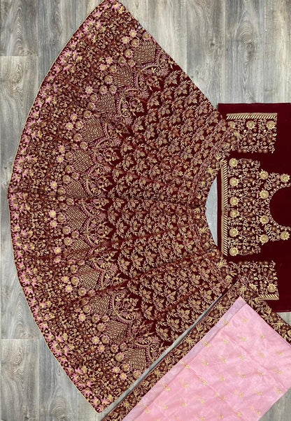 Bridal Stunning Looking Maroon Embroidered Work Velvet Lehenga