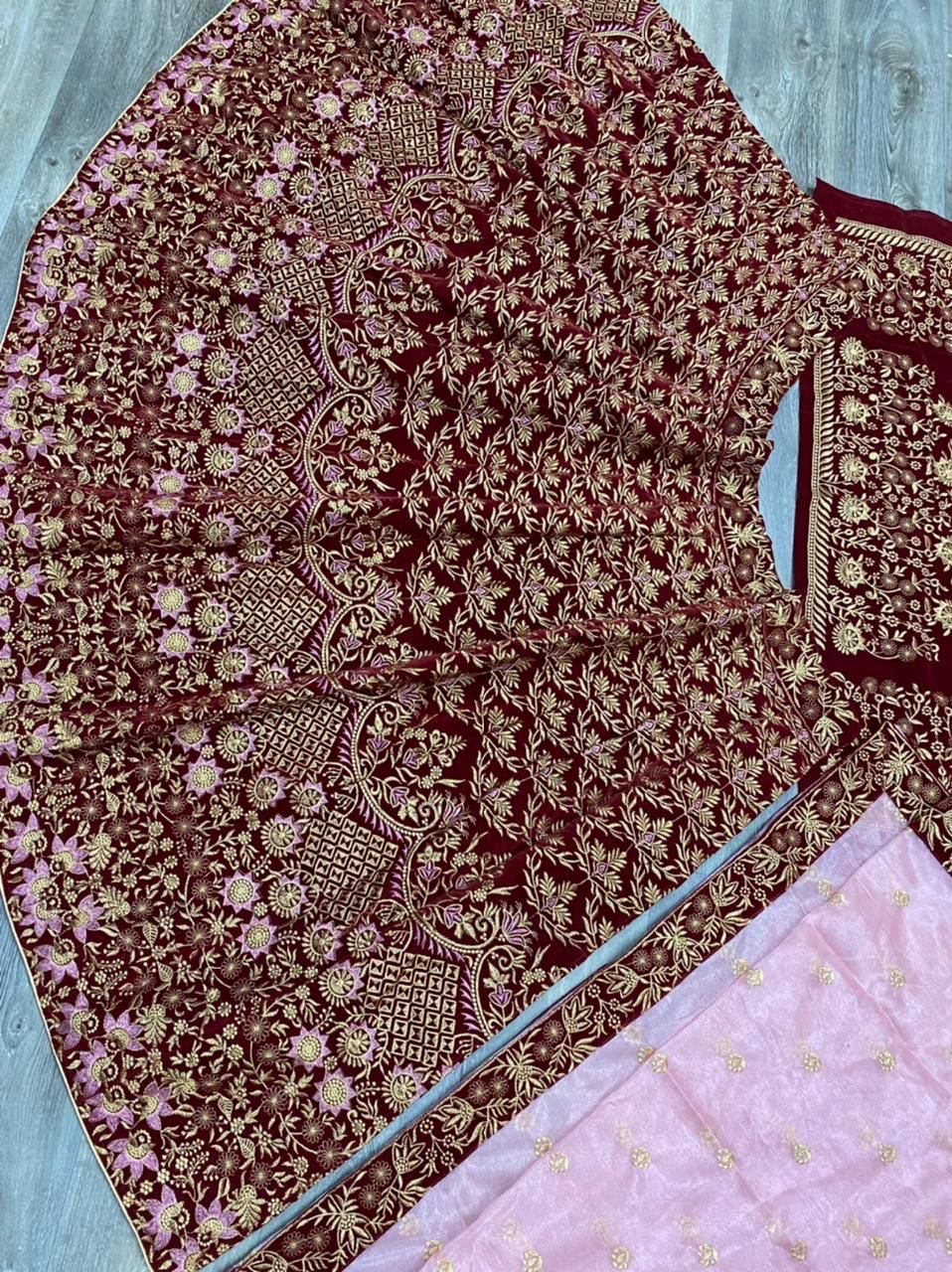 Bridal Stunning Looking Maroon Embroidered Work Velvet Lehenga
