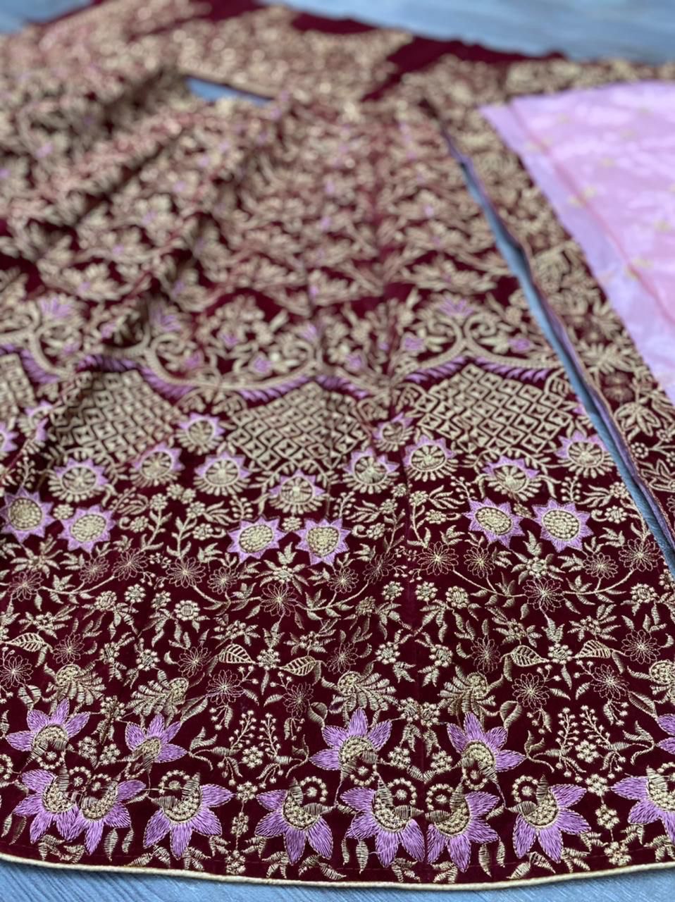 Bridal Stunning Looking Maroon Embroidered Work Velvet Lehenga
