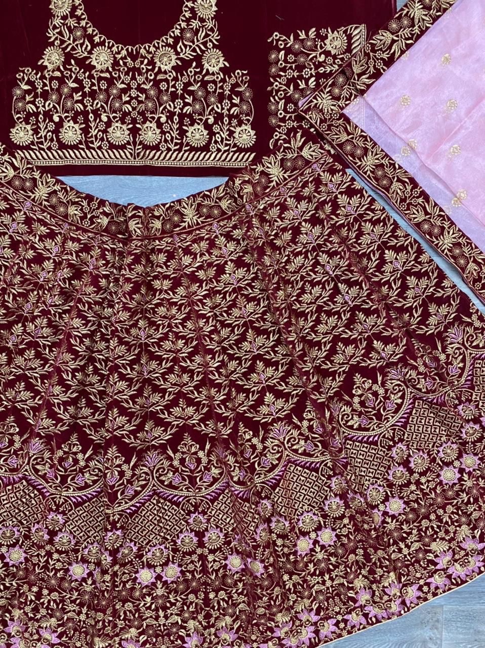 Bridal Stunning Looking Maroon Embroidered Work Velvet Lehenga
