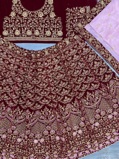 Bridal Stunning Looking Maroon Embroidered Work Velvet Lehenga