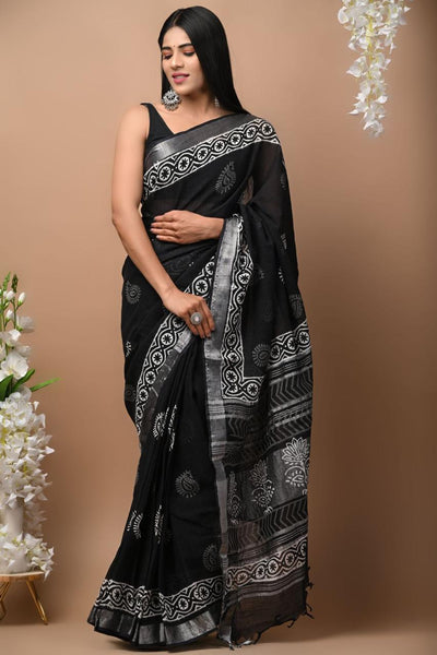 Multi color art linen saree with digital printed work