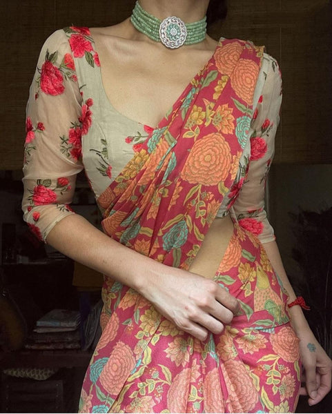 Amazing latest Printed mono Cotton Linen Saree With Blouse