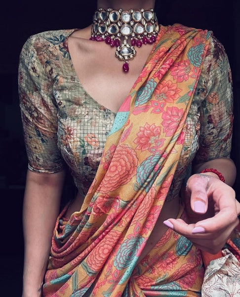 Amazing latest Printed mono Cotton Linen Saree With Blouse