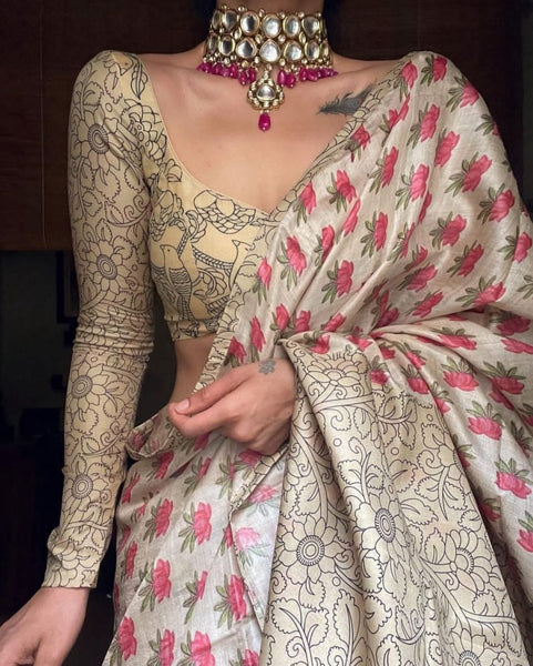 Amazing latest Printed mono Cotton Linen Saree With Blouse