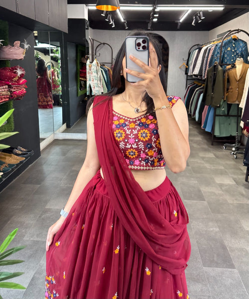Maroon Color Georgette Frill Embroidery Lehenga Choli