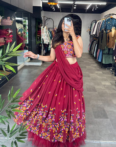 Maroon Color Georgette Frill Embroidery Lehenga Choli