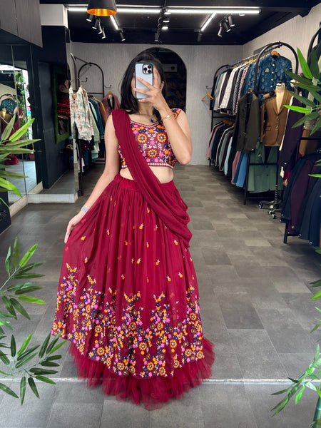 Maroon Color Georgette Frill Embroidery Lehenga Choli