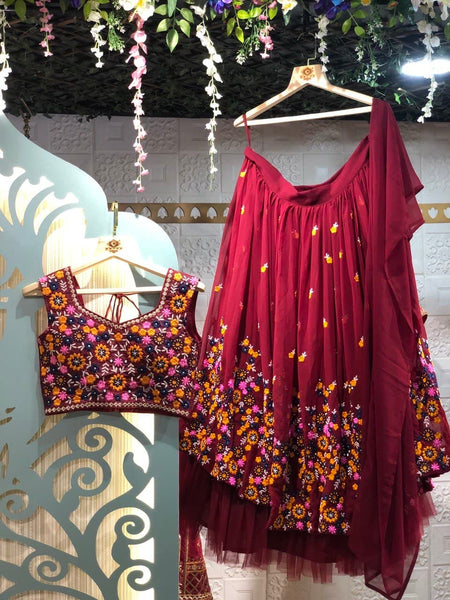 Maroon Color Georgette Frill Embroidery Lehenga Choli