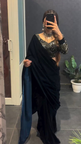 Black Velvet Designer Saree with unstitched blouse