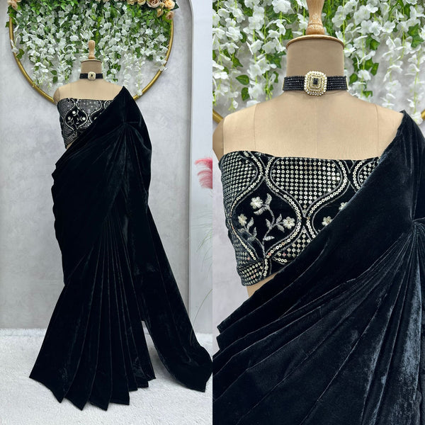 Black Velvet Designer Saree with unstitched blouse