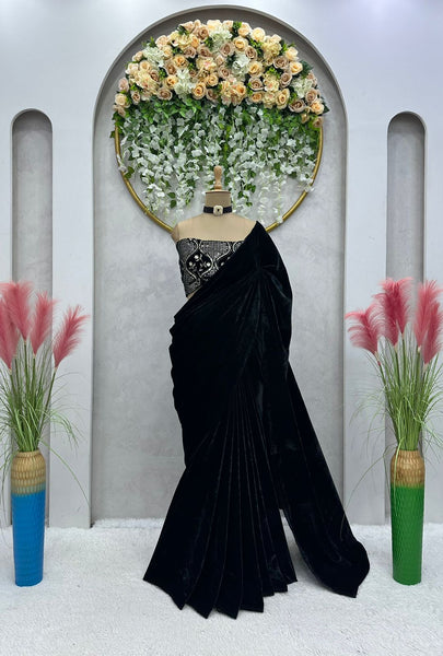 Black Velvet Designer Saree with unstitched blouse