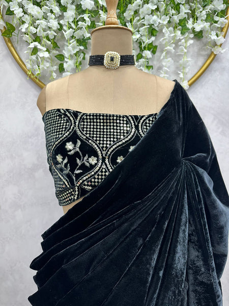 Black Velvet Designer Saree with unstitched blouse