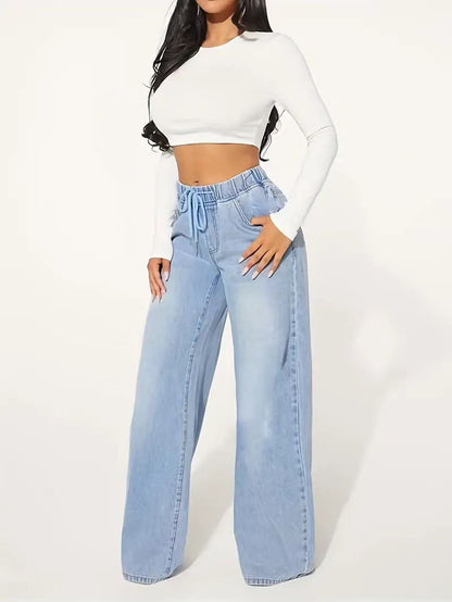High Waist Drawstring Loose Wide Leg Light Blue Jeans