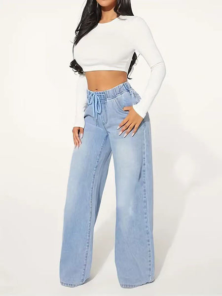 High Waist Drawstring Loose Wide Leg Light Blue Jeans