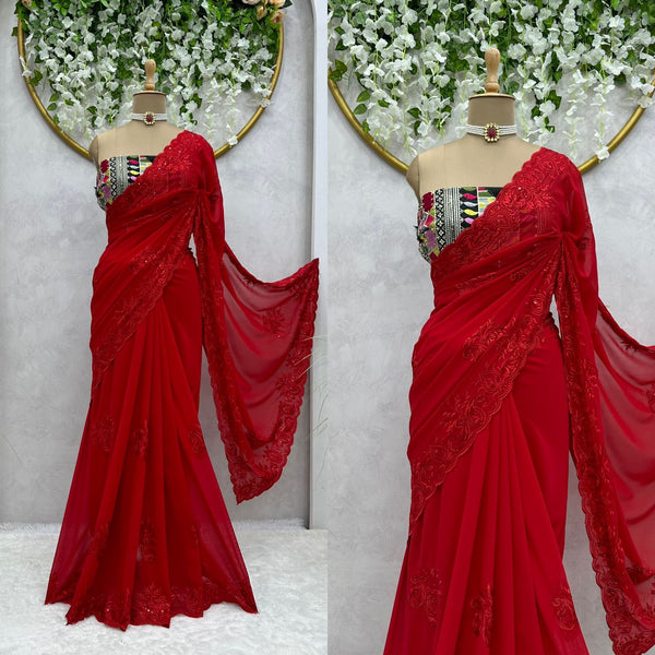Red Color Designer Georgette Saree with blouse