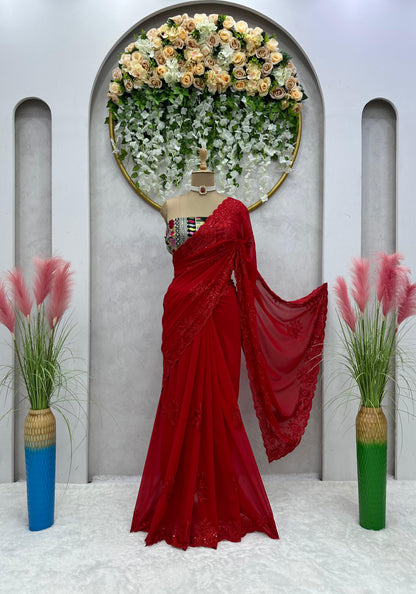 Red Color Designer Georgette Saree with blouse