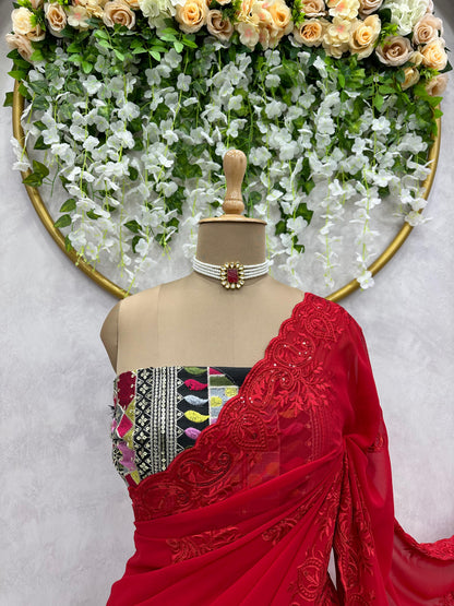Red Color Designer Georgette Saree with blouse