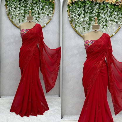 Red Color Designer Georgette Saree with blouse
