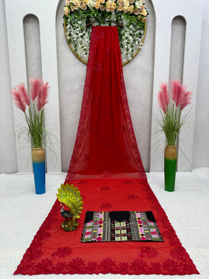 Red Color Designer Georgette Saree with blouse