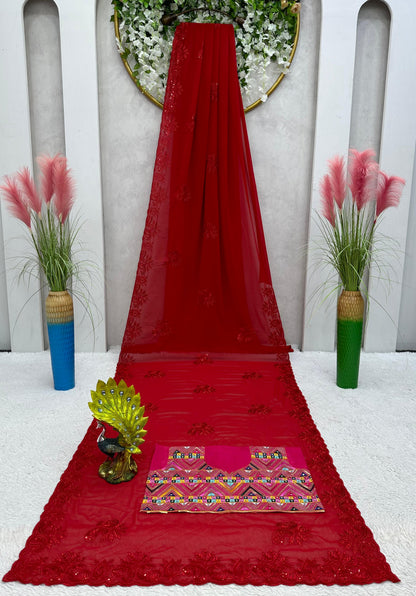 Red Color Designer Georgette Saree with blouse