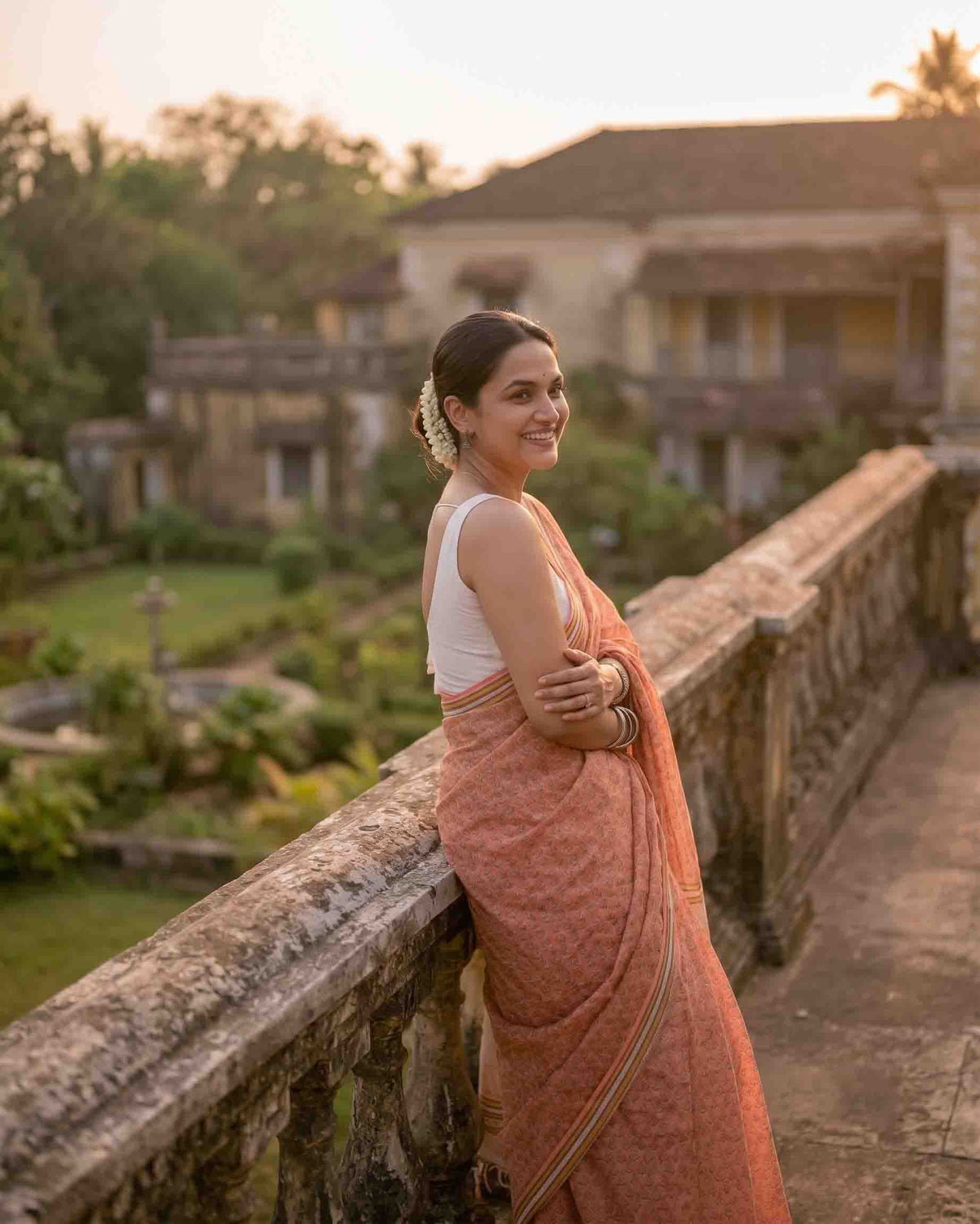 Peach Floral Digital Printed Premium Cotton Kota Check Saree