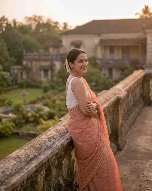 Peach Floral Digital Printed Premium Cotton Kota Check Saree