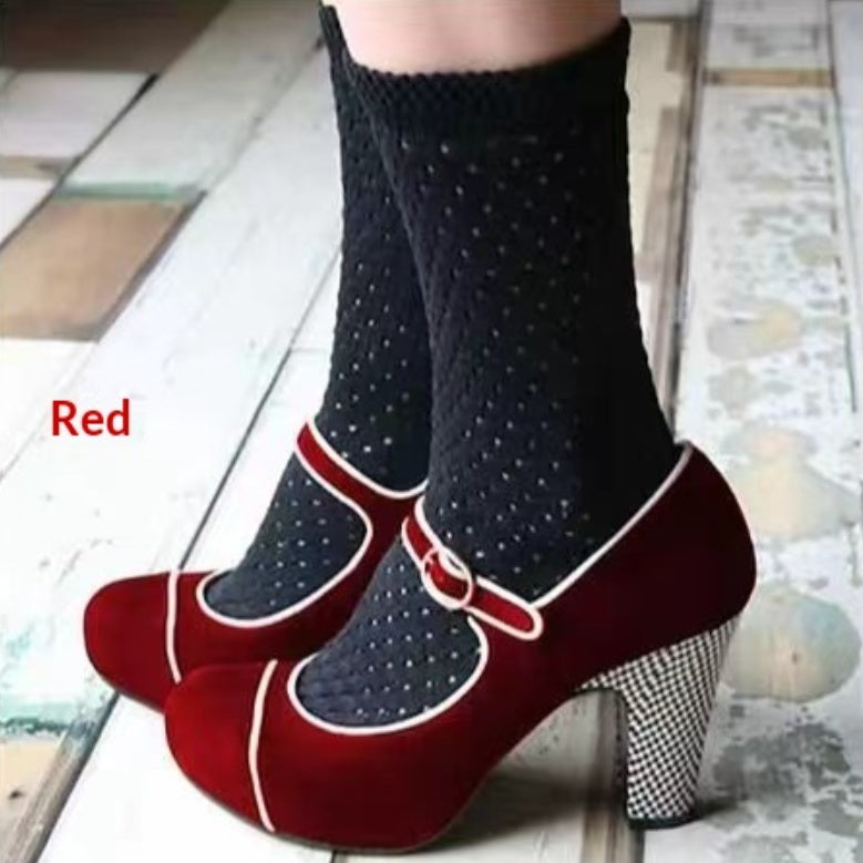 Womens Retro Round-Toe Low-Heel Pumps With Ankle Strap Buckle