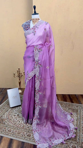 Purple Color Embroidery Saree With Blouse