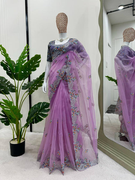 Purple Color Embroidery Saree With Blouse