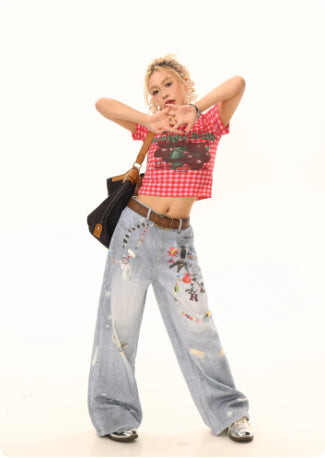 American-style Washed Chain Print Loose-fitting Jeans For Women