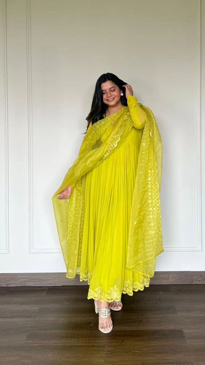 Parrot Green Color Georgette Anarkali Top Pent Dupatta Set
