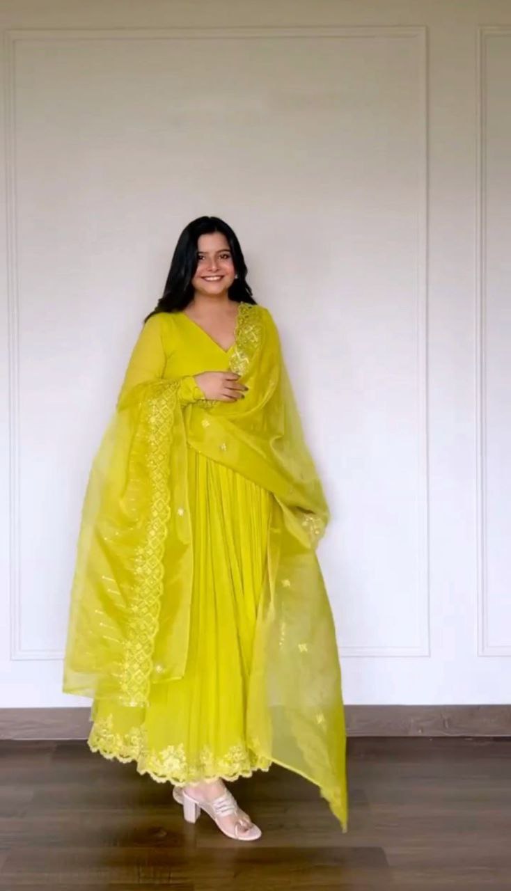 Parrot Green Color Georgette Anarkali Top Pent Dupatta Set
