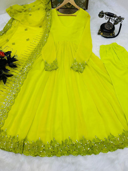 Parrot Green Color Georgette Anarkali Top Pent Dupatta Set