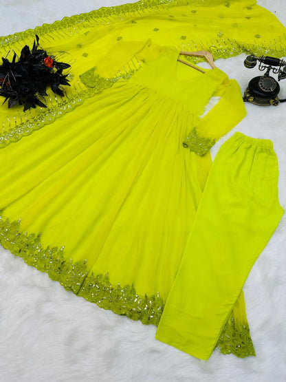 Parrot Green Color Georgette Anarkali Top Pent Dupatta Set