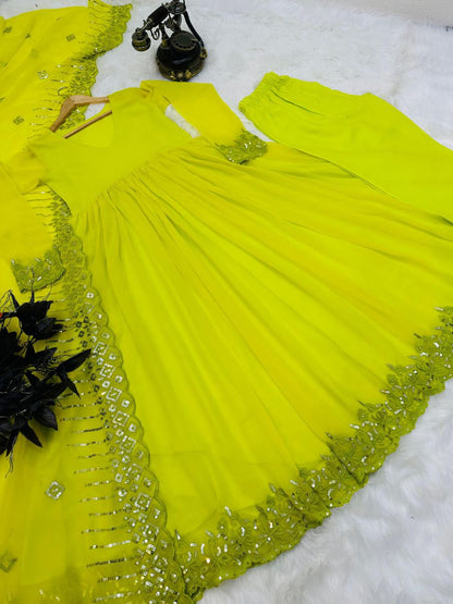 Parrot Green Color Georgette Anarkali Top Pent Dupatta Set