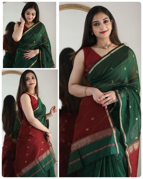 Latest Lilan slub Soft Cotton Rich pallu with jacquard saree with blouse