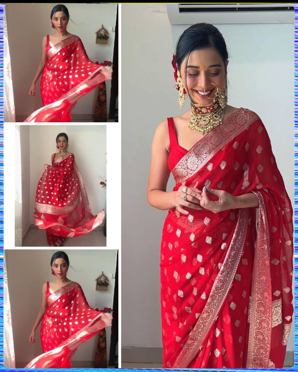 1-Minute Ready To Wear Red Cotton Art Silk Saree